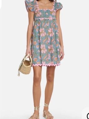 Juliet Dunn mini Blue Floral Dress with Pink ric rac Trim